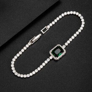 14K White Gold 2ct Diamond 1ct Square Green Emerald Gemstone Tennis Bracelet NEW